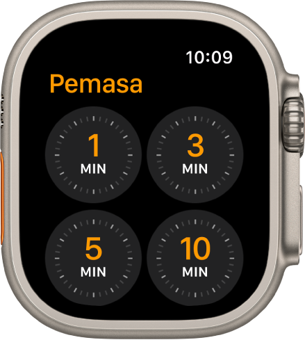 Skrin app Pemasa, menunjukkan pemasa cepat untuk 1. 3. 5. atau 10 minit.