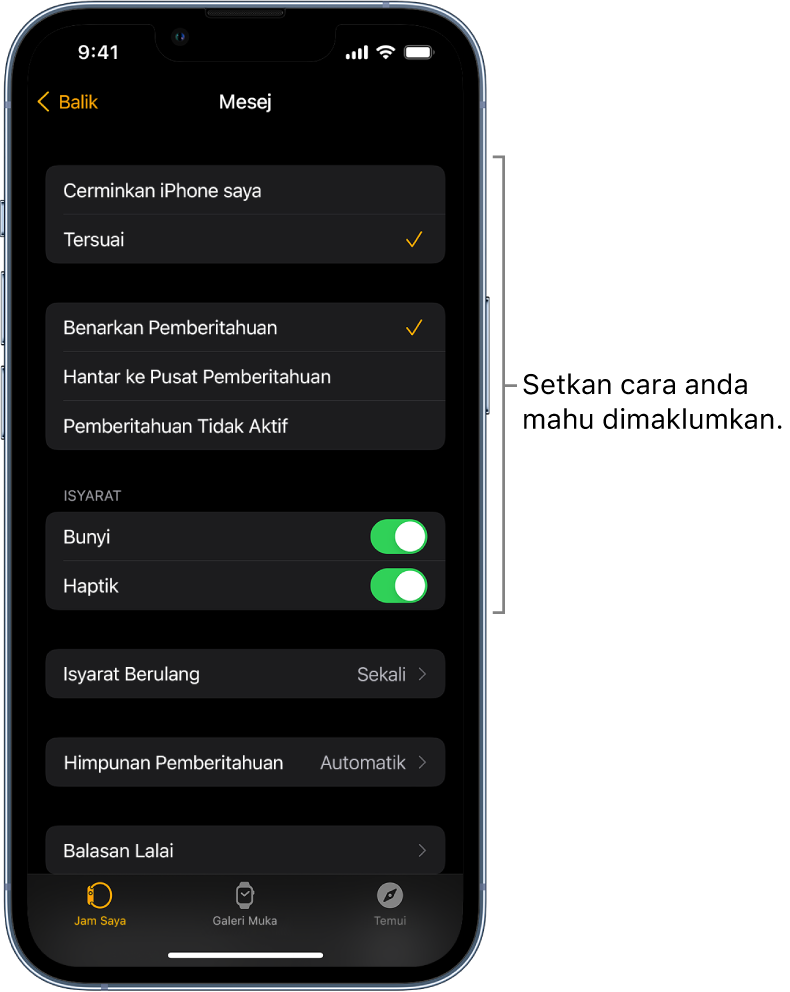 Seting Mesej dalam app Apple Watch pada iPhone. Anda boleh memilih sama ada untuk tunjukkan isyarat, aktifkan bunyi, aktifkan haptik dan ulang isyarat.