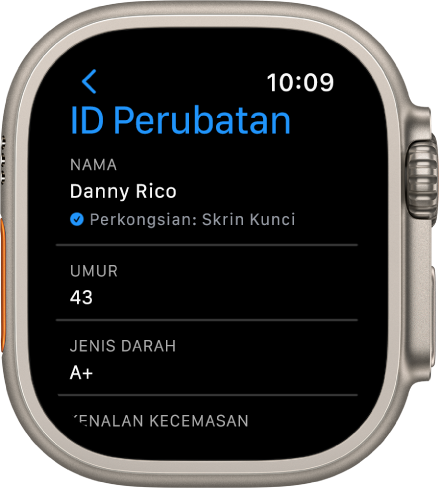Skrin ID Perubatan pada Apple Watch menunjukkan nama, umur dan jenis darah pengguna. Tanda semak berada di bawah nama, menunjukkan bahawa ID Perubatan dikongsi pada skrin kunci. Butang Selesai berada di bahagian kiri atas.