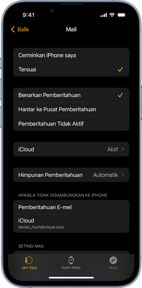 Seting Mail dalam app Apple Watch menunjukkan seting untuk pemberitahuan dan akaun e-mel.