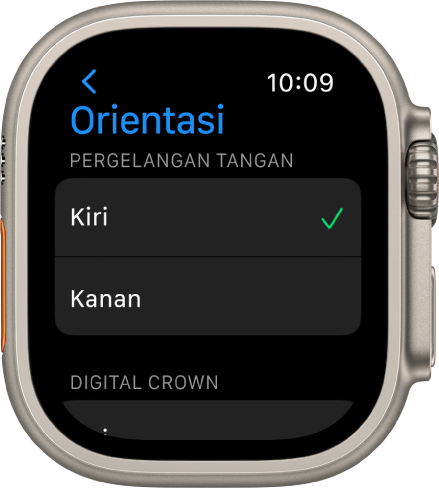 Pintasan skrin Orientasi pada Apple Watch Anda boleh setkan pergelangan tangan anda dan keutamaan Digital Crown.