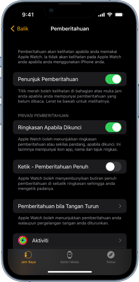 Skrin Pemberitahuan dalam app Apple Watch pada iPhone, menunjukkan sumber pemberitahuan.