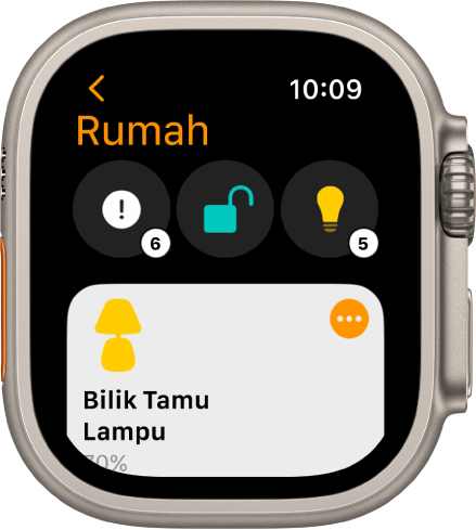 App Rumah menunjukkan ikon status di bahagian atas dan aksesori di bahagian bawah.