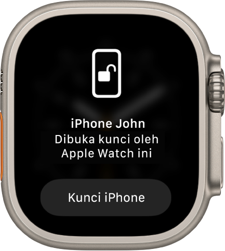 Skrin Apple Watch menunjukkan perkataan, “iPhone John Dibuka Kunci oleh Apple Watch ini”. Butang Kunci iPhone terletak di bawah.