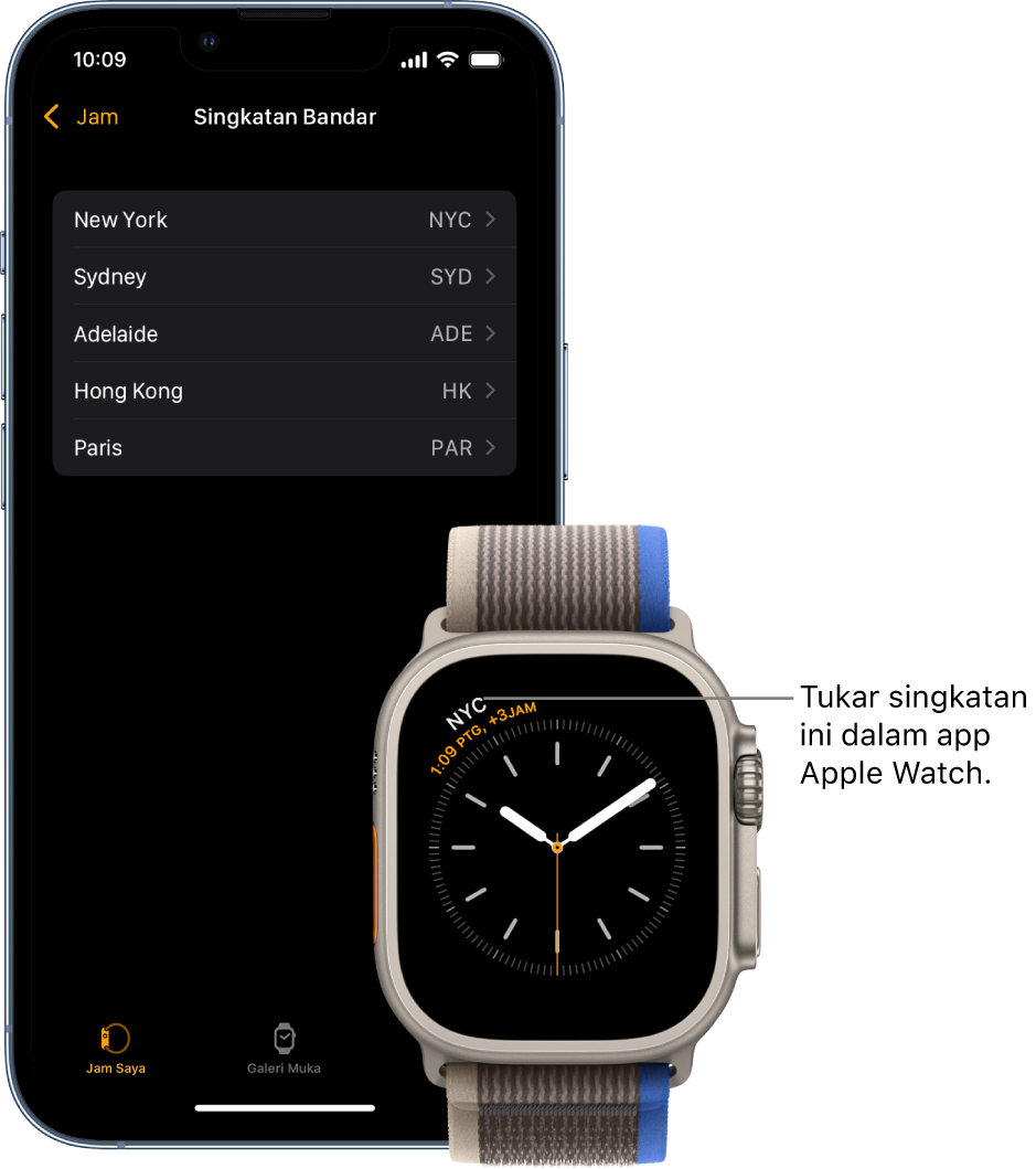 iPhone dan Apple Watch, bersebelahan. Skrin Apple Watch menunjukkan waktu di Kuala Lumpur, menggunakan singkatan KUL. Skrin iPhone menunjukkan senarai bandar pada seting Singkatan Bandar, dalam seting Jam dalam app Apple Watch.