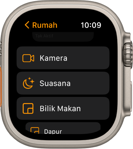 App Rumah menunjukkan senarai rumah yang menyertakan kamera, butang suasana dan dua bilik.