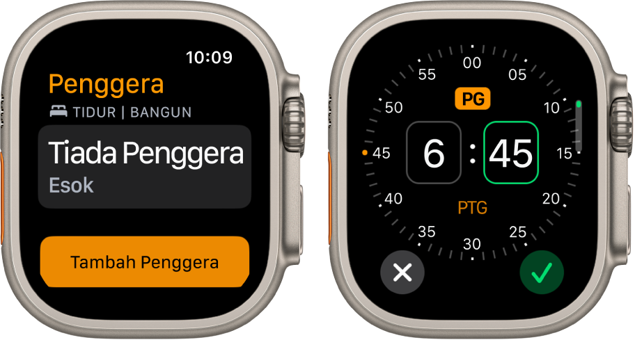 Dua skrin jam menunjukkan proses untuk menambah penggera: Ketik Tambah Penggera, ketik PG atau PTG, putar Digital Crown untuk laraskan masa, kemudian ketik butang semak.