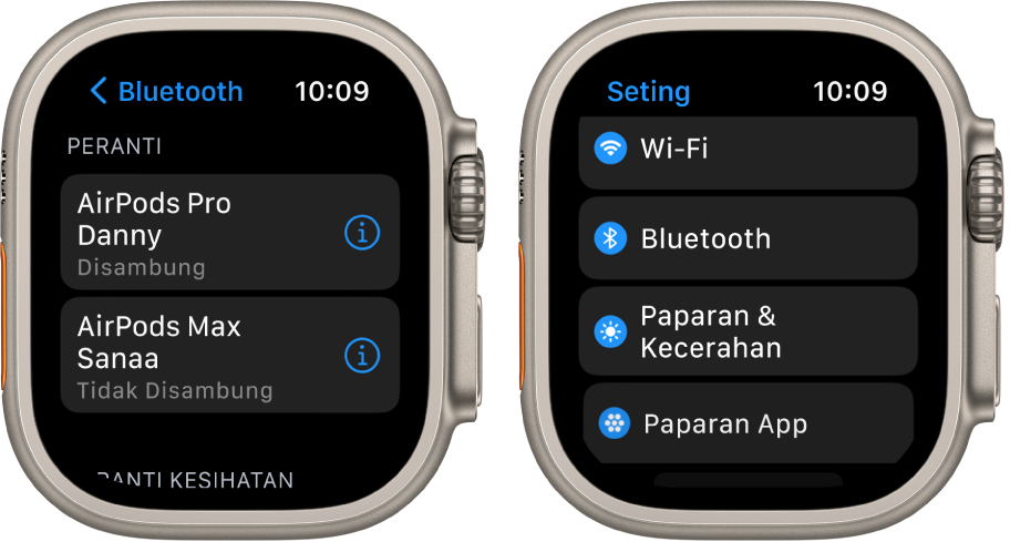 Dua skrin bersebelahan. Pada sebelah kiri ialah skrin yang menyenaraikan dua peranti Bluetooth tersedia: AirPods Pro, yang disambungkan dan AirPods Max, yang tidak disambungkan. Di sebelah kanan ialah skrin Seting, menunjukkan butang Wi-Fi, Bluetooth, Paparan & Kecerahan serta Paparan App dalam senarai.