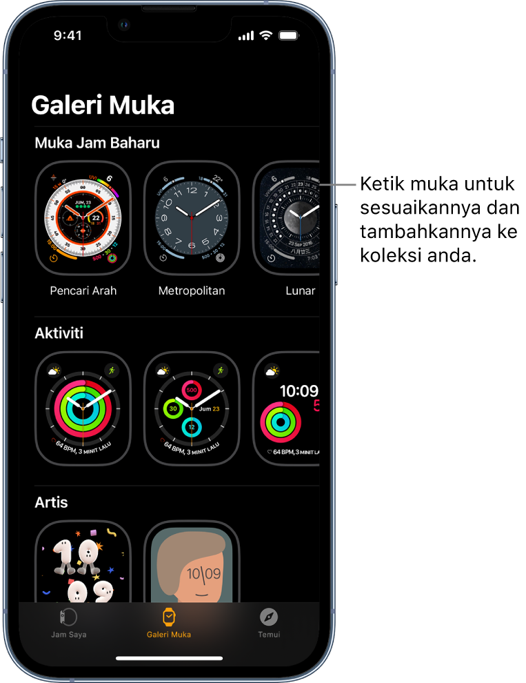 App Apple Watch membuka Galeri Muka. Baris teratas menunjukkan muka baharu, baris seterusnya menunjukkan muka yang dihimpunkan mengikut jenis—contohnya Aktiviti dan Artis. Anda boleh skrol untuk melihat lebih banyak muka dihimpunkan mengikut jenis.