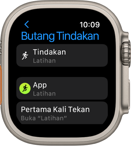 Skrin Butang Tindakan pada Apple Watch Ultra menunjukkan Latihan sebagai tindakan dan app yang ditetapkan. Menekan butang Tindakan sekali membuka app Latihan.