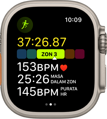 Latihan berlari sedang dijalankan menunjukkan masa berlalu latihan, zon yang anda sedang berada, kadar jantung, masa dalam zon dan purata kadar jantung.