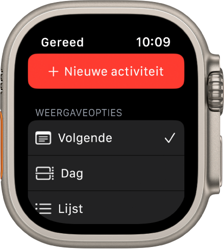 Een Agenda-scherm met de knop 'Nieuwe activiteit' bovenin en drie weergaveopties eronder: 'Volgende', 'Dag' en 'Lijst'.