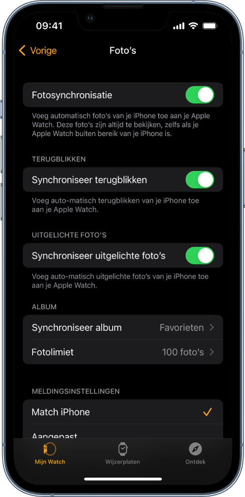 Instellingen voor Foto's in de Apple Watch-app op de iPhone, met in het midden de instelling 'Fotosynchronisatie' en daaronder de instelling 'Fotolimiet'.