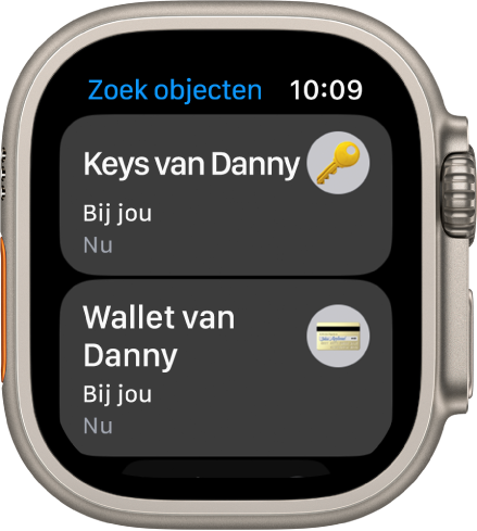 De app Zoek objecten laat zien dat de AirTags die zijn bevestigd aan een sleutelbos en een portemonnee zich bij jou bevinden.