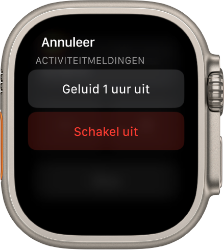 Meldingsinstellingen op de Apple Watch. Op de bovenste knop staat 'Geluid 1 uur uit'. Daaronder staat de knop om tijdgevoelige meldingen uit te schakelen.