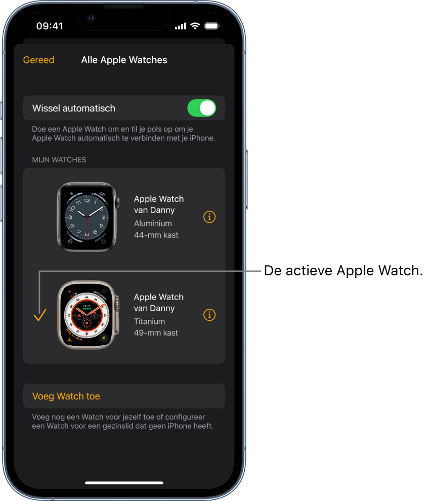 In het scherm 'Alle Apple Watches' van de Apple Watch-app wordt met een vinkje de actieve Apple Watch aangeduid.