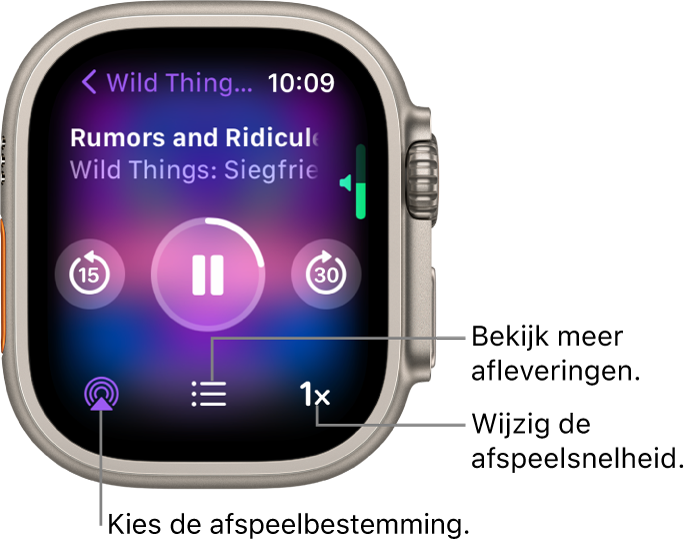 Het Podcasts-scherm Huidige met de titel van het programma, de titel van de afleveringen, de knop waarmee je 15 seconden achteruitspringt, de pauzeknop, de knop waarmee je 30 seconden vooruitspringt, de AirPlay-knop, de afleveringenknop en de afspeelsnelheidknop.