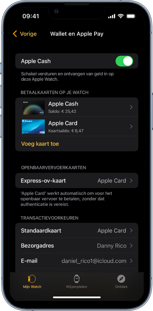 Het scherm Wallet en Apple Pay in de Apple Watch-app op de iPhone. Op het scherm zie je kaarten die aan de Apple Watch zijn toegevoegd, de gekozen ov-kaart en instellingen voor transactievoorkeuren.
