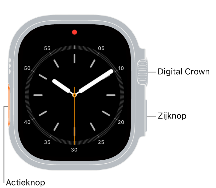 De voorkant van de Apple Watch Ultra, met de wijzerplaat op het scherm. Aan de zijkant, van boven naar beneden, zie je de Digital Crown, de microfoon en de zijknop.