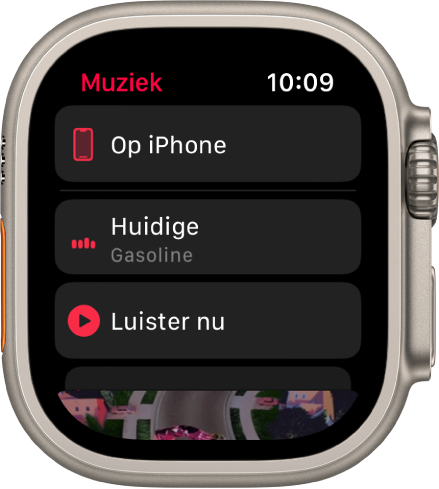 De Muziek-app, met de knoppen 'Op iPhone', 'Huidige' en 'Luister nu' in een lijst. Scrol omlaag voor de albumillustratie.
