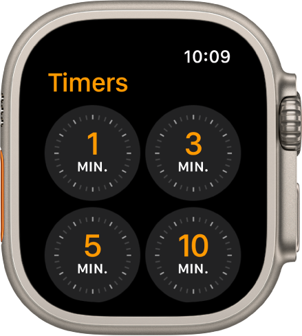 Het scherm van de Timer-app, met timers voor 1, 3, 5 en 10 minuten.