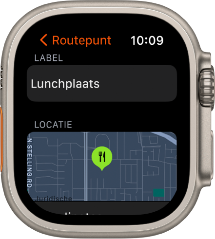 De Kompas-app met het scherm voor het wijzigen van een routepunt. Bovenin bevindt zich het veld 'Label'. Daaronder bevindt zich het gedeelte 'Locatie', met de locatie van het routepunt op een kaart. Het restaurantsymbool is toegepast op het routepunt.