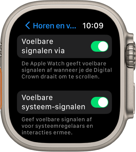 Het scherm 'Voelbare signalen via Crown', met de schakelaar 'Voelbare signalen via Crown' ingeschakeld. Daaronder staat de schakelaar 'Voelbare systeemsignalen'.