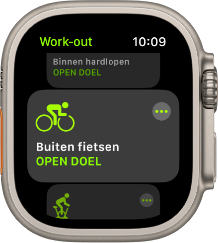 Het Work-out-scherm, met de work-out 'Buiten fietsen' geselecteerd. Rechts boven de titel van de work-out bevindt zich de knop 'Meer'. Bovenin is een deel van de work-out 'Binnen hardlopen' te zien. Onderin is een deel van de work-out 'Binnen fietsen' te zien.