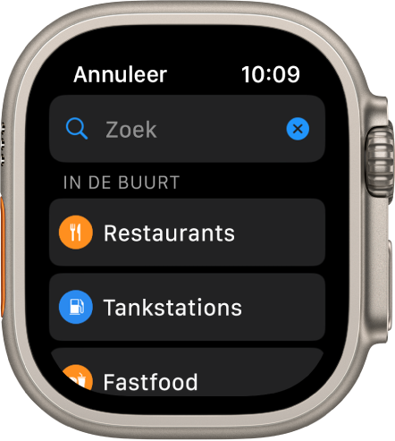 Het Zoek-scherm in de Kaarten-app met bovenin een zoekveld. Onder 'In de buurt' bevinden zich knoppen voor restaurants, benzinestations en fastfood.