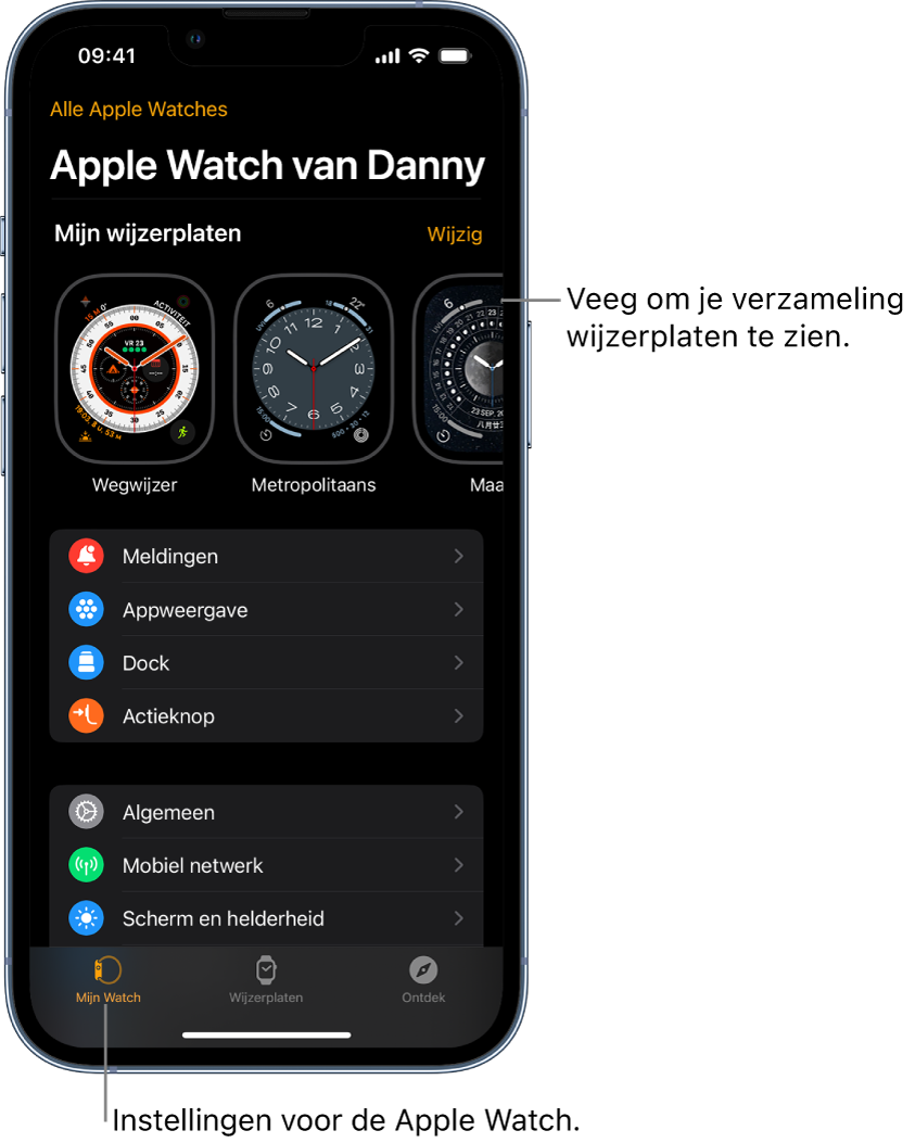 De Apple Watch-app op de iPhone waarin het scherm 'Mijn Watch' is geopend, met bovenin de wijzerplaten en onderin de instellingen. Onder in het scherm van de Apple Watch-app staan drie tabbladen: links 'Mijn Watch', waar je de Apple Watch kunt instellen; daarnaast 'Wijzerplaten', waarmee je de beschikbare wijzerplaten en complicaties kunt bekijken; en daarnaast 'Ontdek', waar je meer informatie over je Apple Watch vindt.