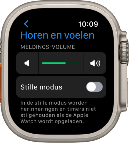 Instellingen voor horen en voelen op de Apple Watch, met bovenin de schuifknop 'Meldingsvolume' en daaronder de schakelaar 'Stille modus'.