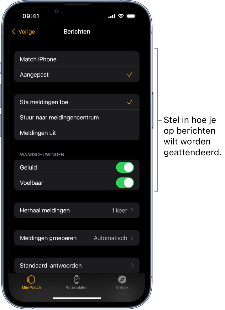 Instellingen voor berichten in de Apple Watch-app op de iPhone. Je kunt instellen of meldingen moeten worden getoond, een geluidssignaal of voelbaar signaal inschakelen en meldingen herhalen.