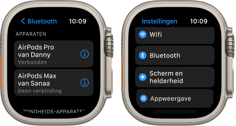 Twee schermen naast elkaar. Links zie je een scherm met twee beschikbare Bluetooth-apparaten: AirPods Pro, die zijn verbonden, en AirPods Max, die niet zijn verbonden. Rechts zie je het Instellingen-scherm met een lijst met de knoppen 'Wifi', 'Bluetooth', 'Scherm en helderheid' en 'Appweergave'.