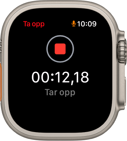 Taleopptak-appen som tar opp. En rød Stopp-knapp vises nær toppen. Under vises opptakets lengde, med ordet Opptak under.