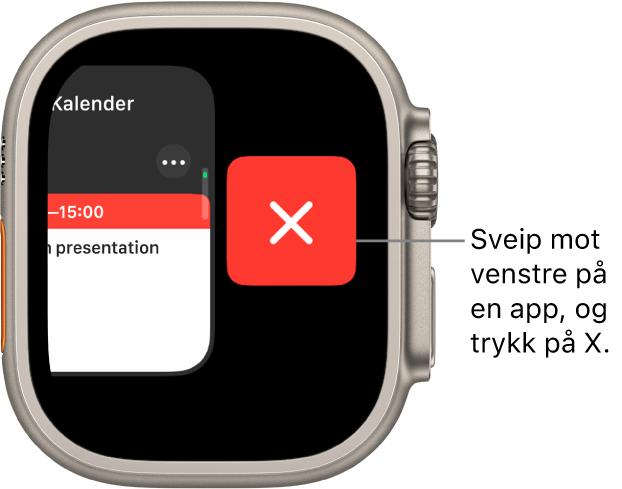 Dock etter at du har sveipet til venstre på en app, med X-knappen til høyre.