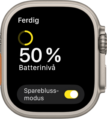 Spareblussmodus-skjermen som viser gjenværende batterinivå med en delvis gul ring, ordene 50 prosent batteristrøm gjenstår og Sparebluss­modus-knappen nederst.