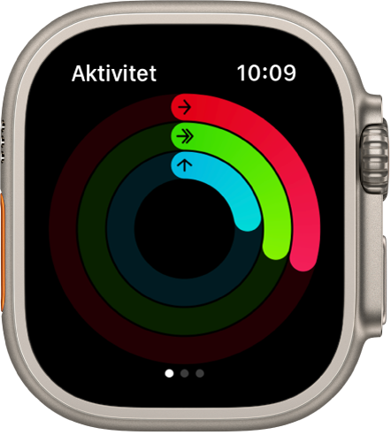 Aktivitet-skjermen, med tre ringer – Bevegelse, Trening og Oppreist.