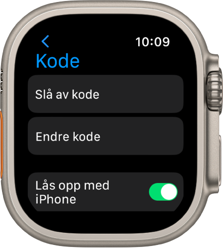 Kodeinnstillinger på Apple Watch, med Slå av kode-knappen øverst, Endre kode-knappen under den og Lås opp med iPhone-bryter nederst.