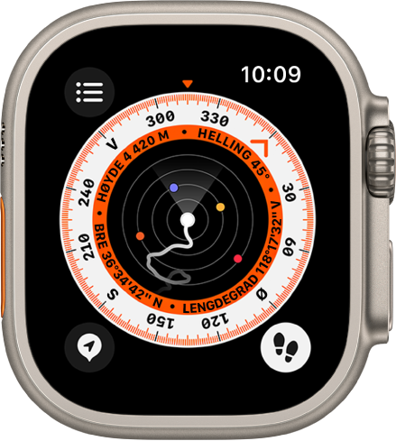 Kompass-appen som viser rutepunktskjermen med Spor tilbake aktivert. Det vises to rutepunkter på skjermen. Ruten vises som en grå linje.