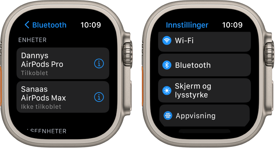 To skjermer ved siden av hverandre. Til venstre er det en skjerm som viser to tilgjengelige Bluetooth-enheter: AirPods Pro, som er koblet til, og AirPods Max, som ikke er koblet til. Til høyre er Innstillinger-skjermen som viser knappene Wi-Fi, Bluetooth, Skjerm og lysstyrke og Appvisning i en liste.