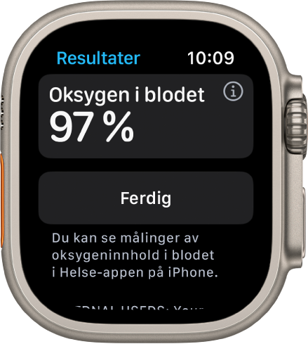 Resultatskjermen i Oksygen i blodet-appen, som viser en oksygenmetning i blodet på 97 prosent. Under vises en Ferdig-knapp.