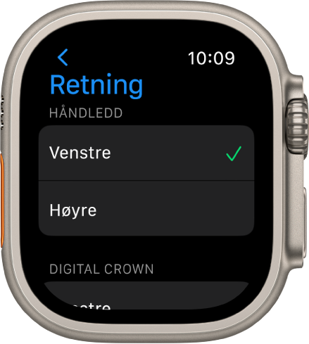 Retning-skjermen på Apple Watch. Du kan angi valg for arm og Digital Crown.