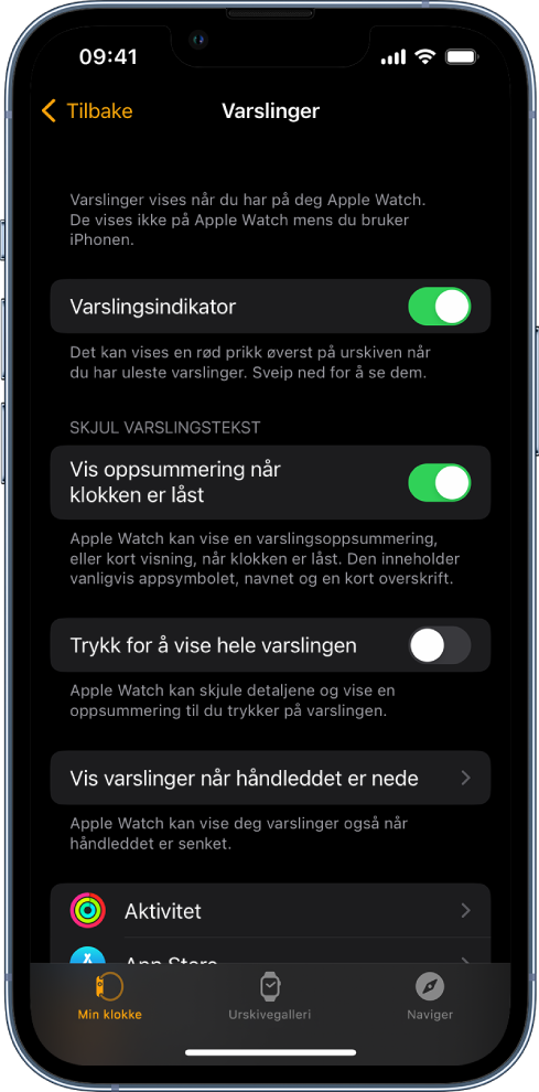 Varslinger-skjermen, som viser varslingskilder i Apple Watch-appen på iPhone.