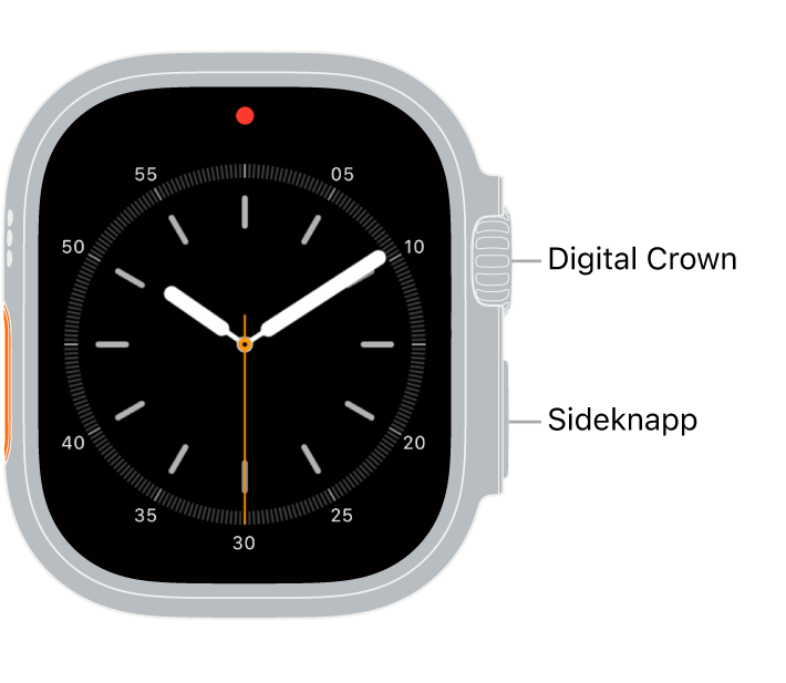 Forsiden av Apple Watch Ultra, der Digital Crown vises øverst på høyre side av klokken og sideknappen vises nederst på høyre side.
