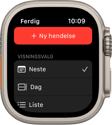 Kalender-skjerm som viser en Ny hendelse-knapp øverst og tre visningsvalg under – Neste, Dag og Liste.