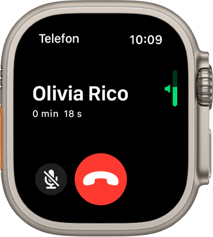 Under et innkommende telefonanrop viser skjermen den vertikale volumindikatoren øverst til høyre, Lyd av-knappen nederst til venstre og den røde Avvis-knappen. Samtalens varighet vises under navnet til den som ringer.