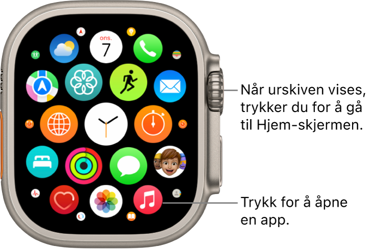 Hjem-skjermen i rutenettvisning på Apple Watch, med apper i en klynge. Trykk på en app for å åpne den. Dra for å se flere apper.