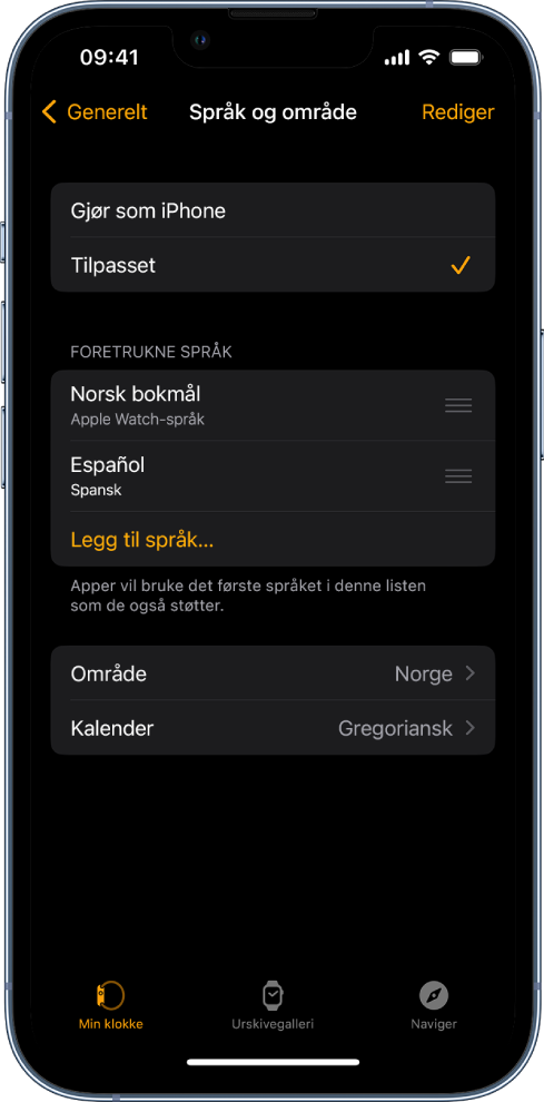 Språk og område-skjermen i Apple Watch-appen, der Engelsk og Spansk vises under Foretrukne språk.