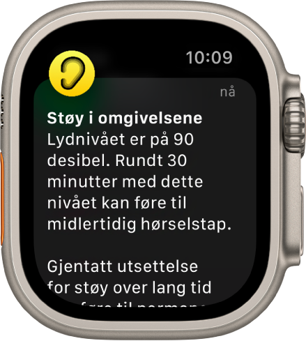 Apple Watch som viser en støyvarsling. Symbolet for appen som varslingen gjelder for, vises øverst til venstre. Du kan trykke på den for å åpne appen.