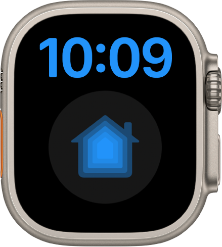 Forstørret-urskiven viser tiden i digitalt format øverst. En stor Hjem-komplikasjon vises under.